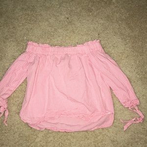 pink and white gingham off the shoulder shirt